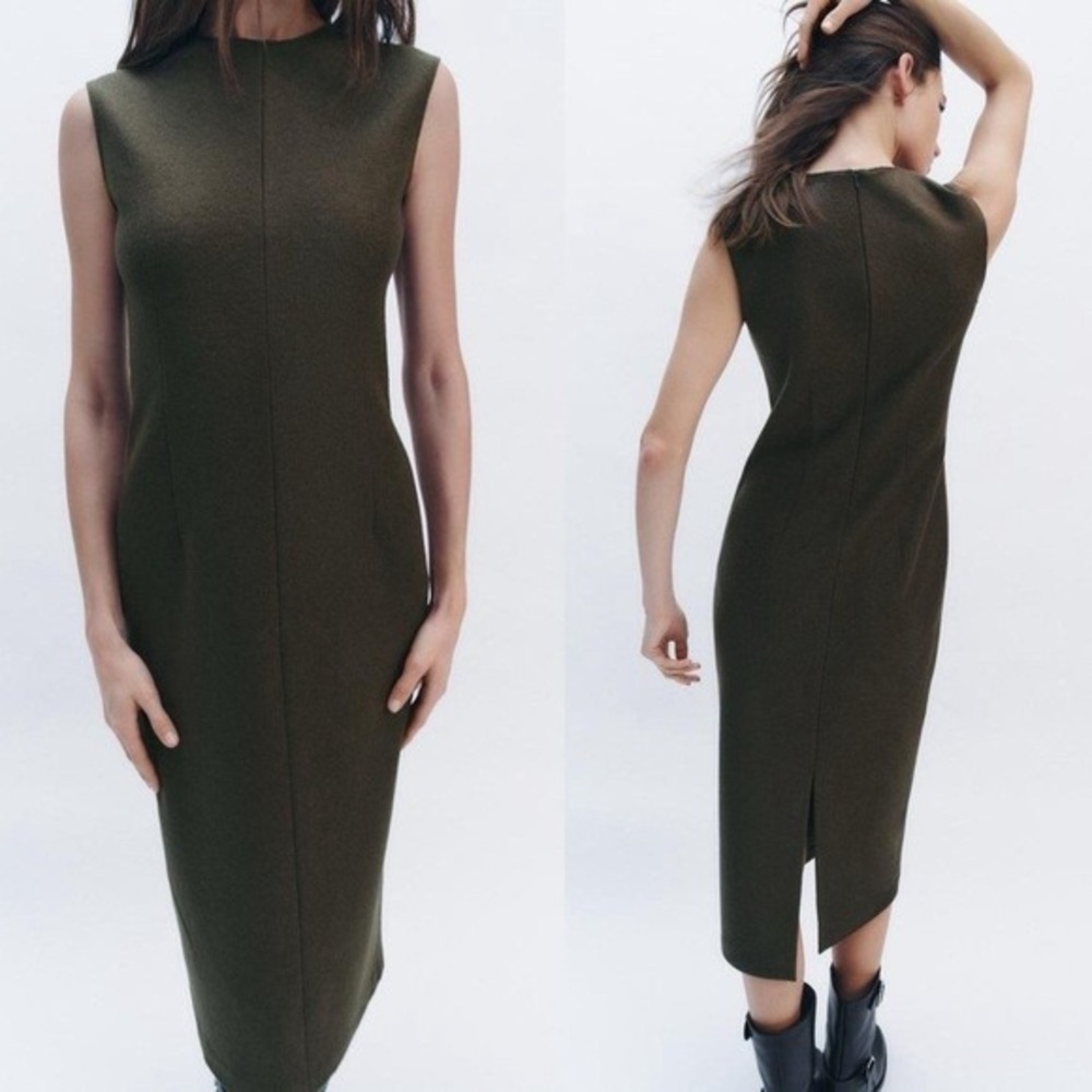 NWT ZARA Sleeveless Mock Neck Midi Dress Olive Green Knit Sheath Modern Size M - Picture 2 of 11